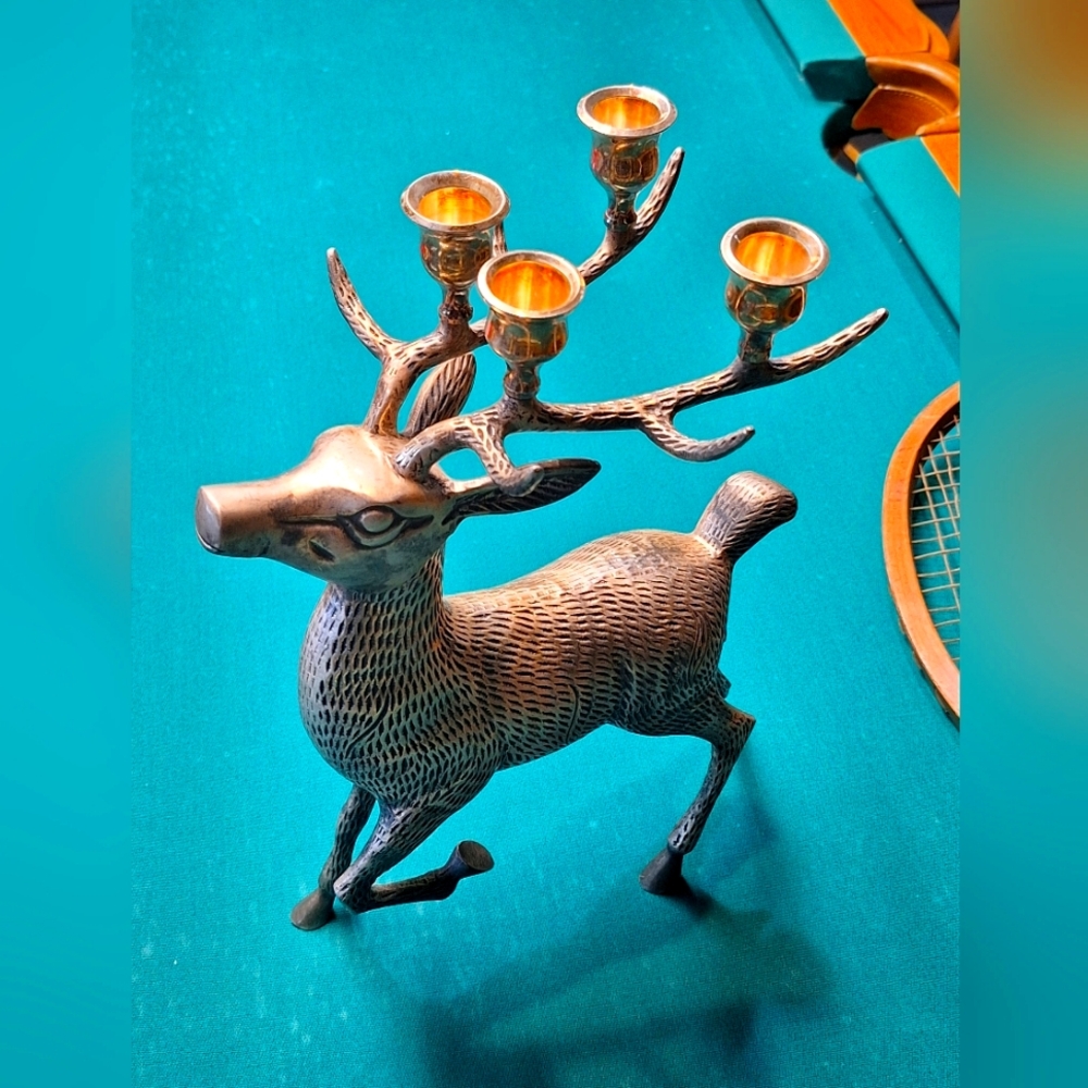 Department 56 14.5" Silver Brass REINDEER CANDELABRA Vintage Candle Holder